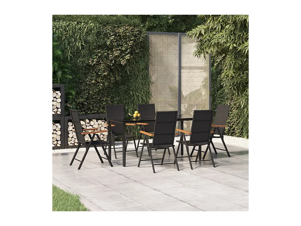 Ensemble à dîner de jardin 7 pièces Noir et marron Résine tressée