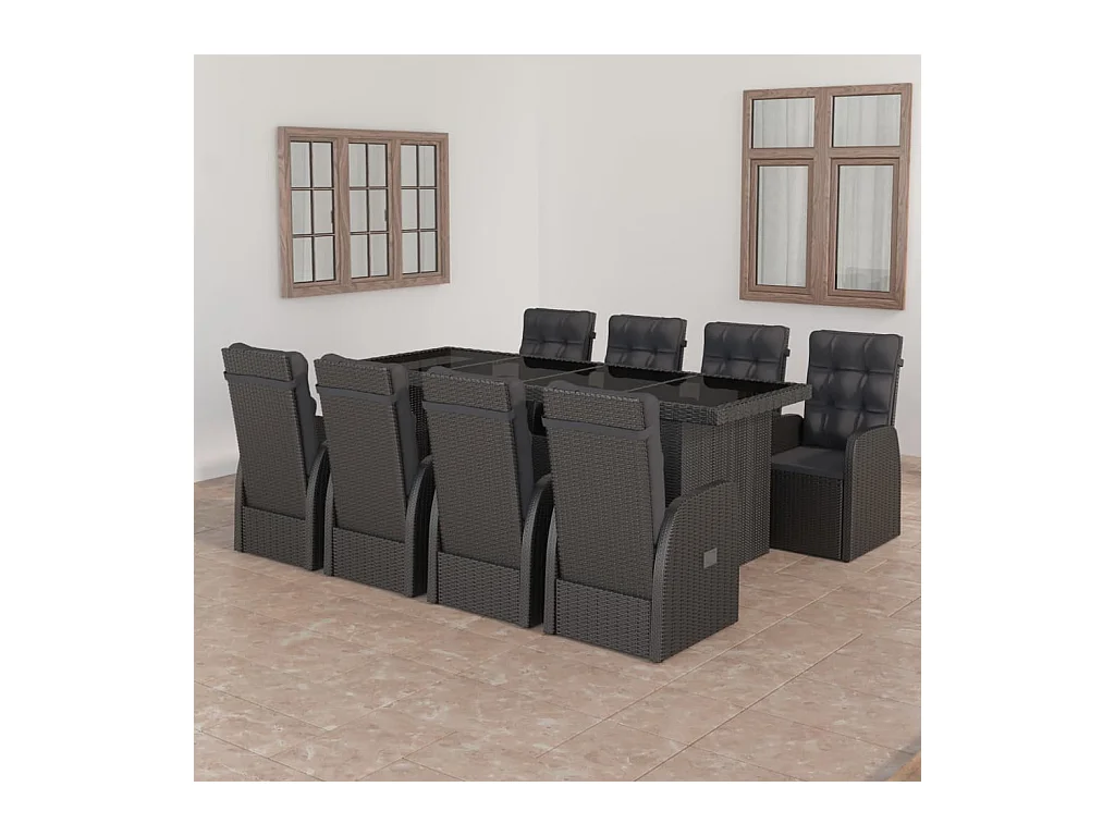 Mobilier à dîner jardin 9 pièces avec coussins Résine tressée Noir
