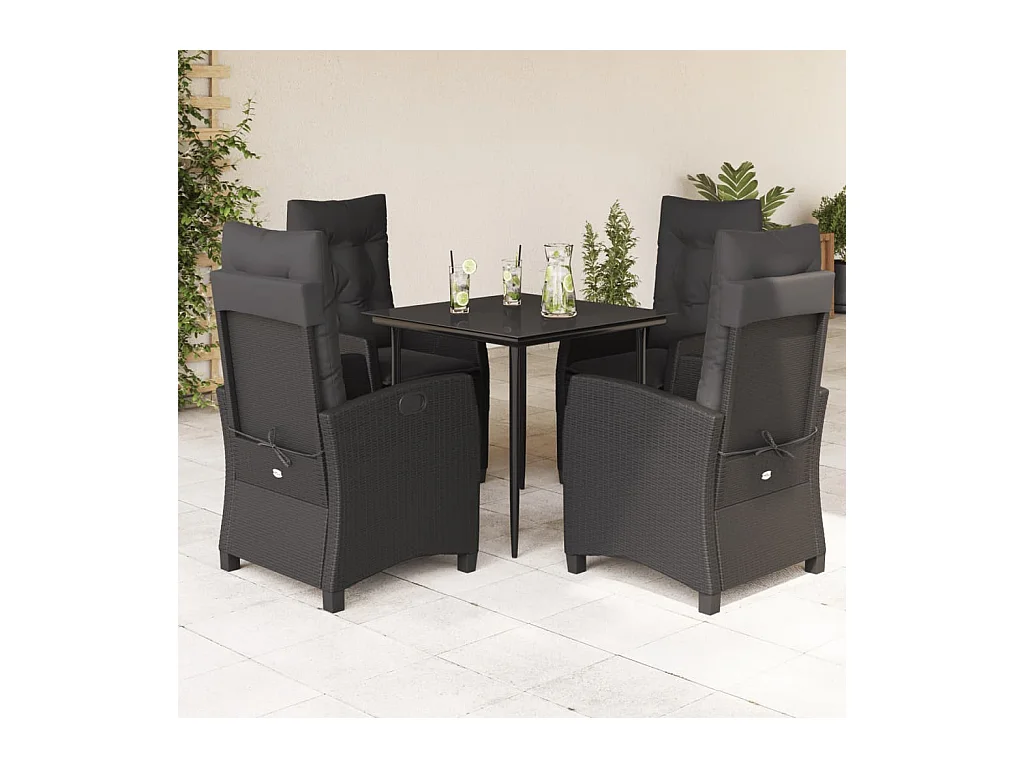 5 peças conjunto de jantar p/ jardim c/ almofadões vime PE preto