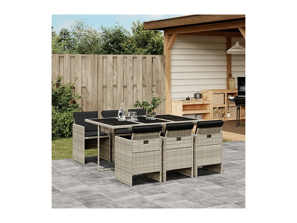 Set comedor jardín 7 piezas y cojines ratán sintético gris claro