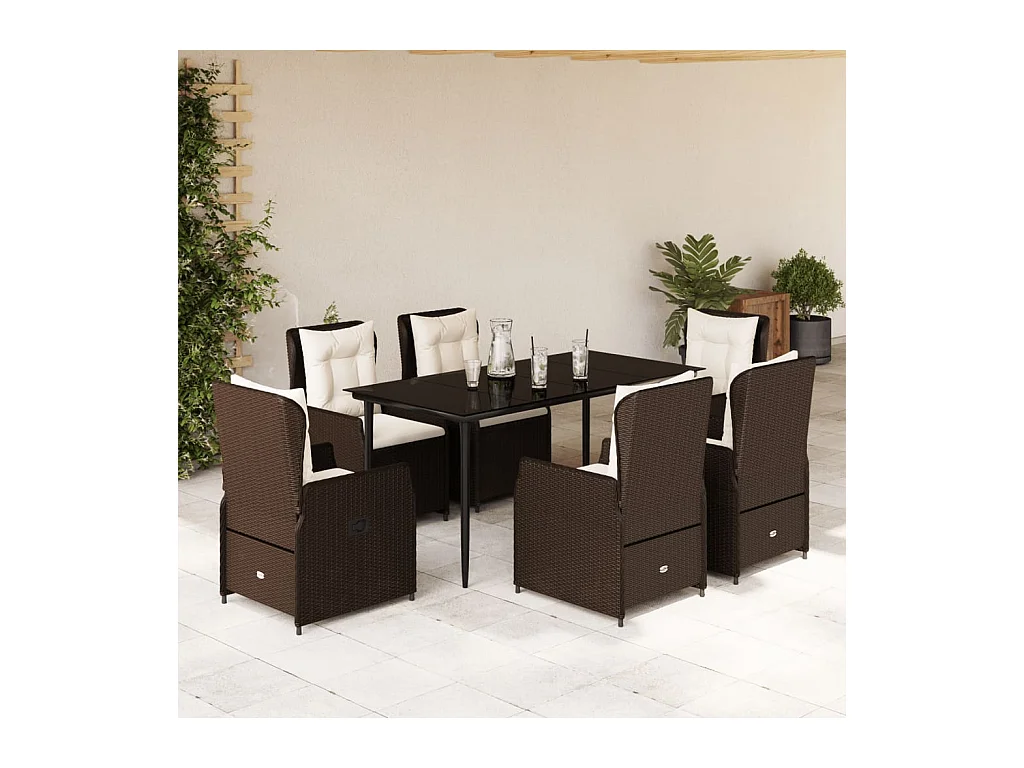 7 peças conjunto jantar p/ jardim c/ almofadões vime PE castanho