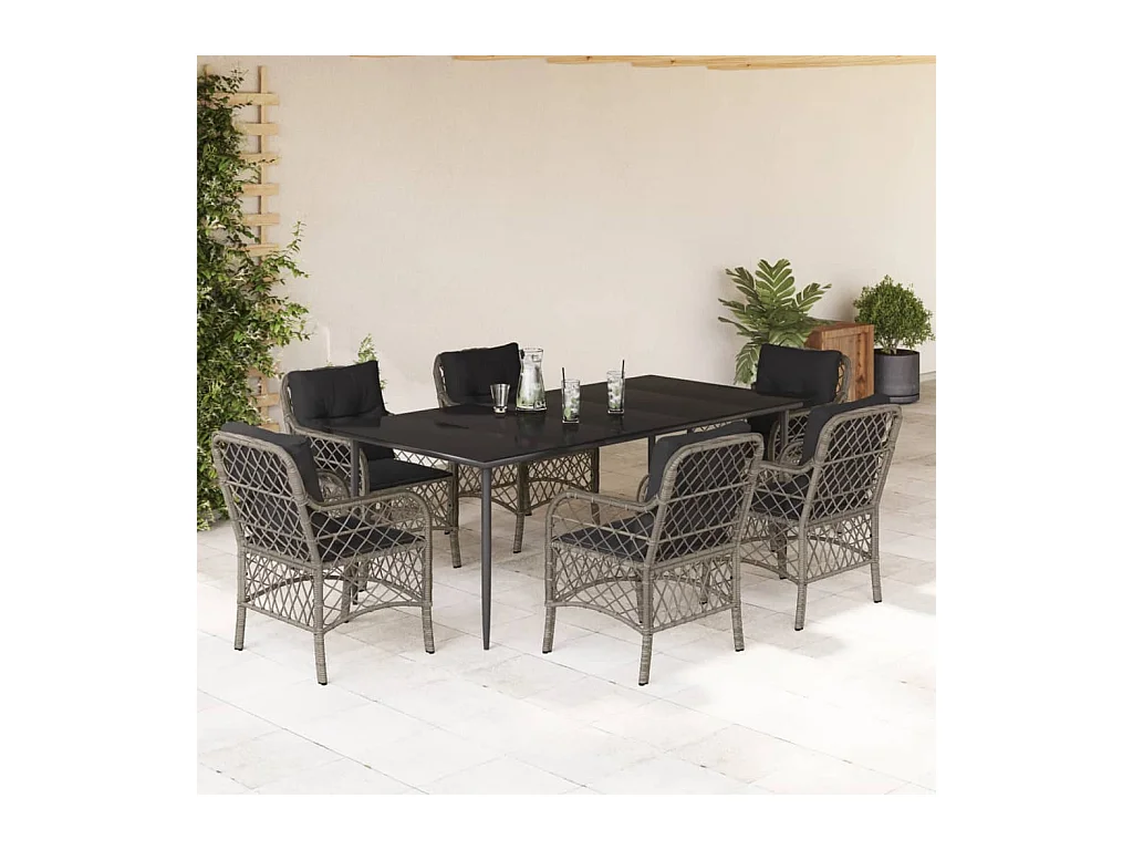 Set comedor jardín 7 piezas y cojines ratán sintético gris
