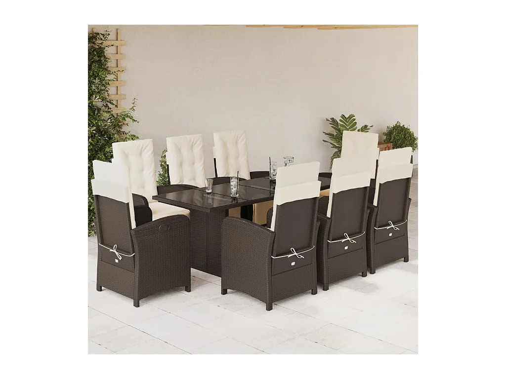 Ensemble à manger de jardin et coussins 9 pièces marron poly rotin