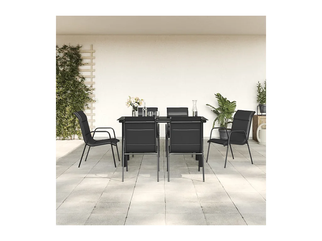 Ensemble à manger de jardin 7 pièces noir textilène et acier
