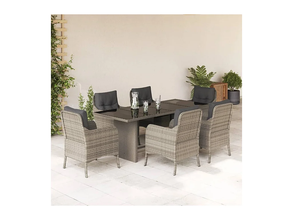 Set comedor jardín 7 piezas y cojines ratán sintético gris claro