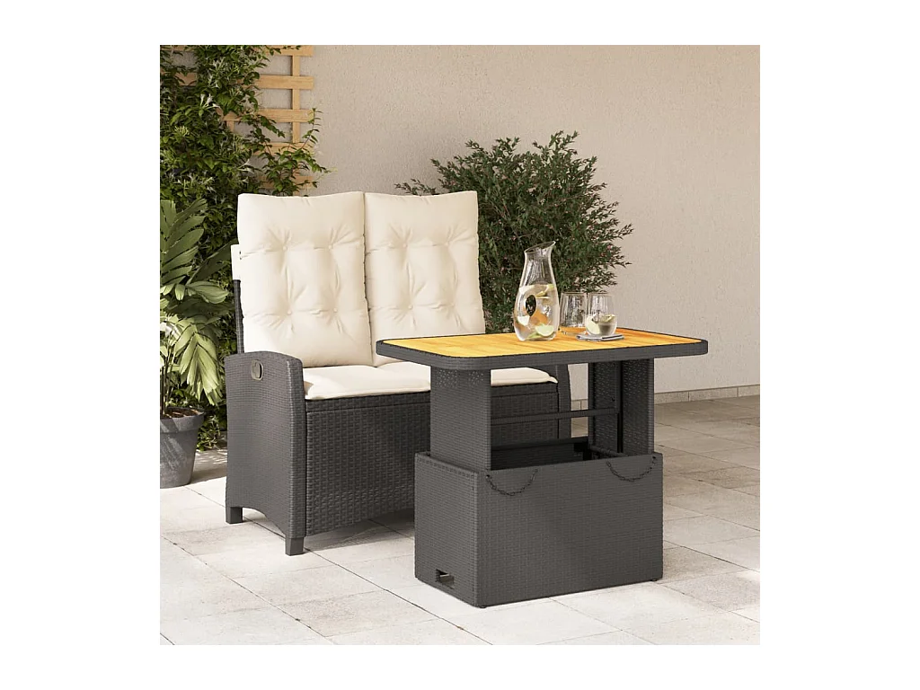 Set comedor de jardín 2 piezas con cojines ratán sintético negro