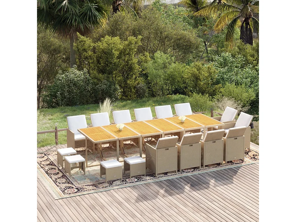 Ensemble à dîner de jardin coussins 17 pièces Résine tressée Beige