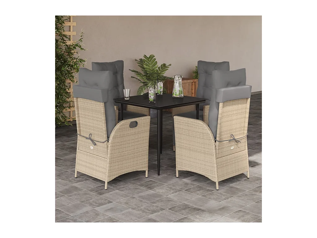 Ensemble à manger de jardin coussins 5 pièces mélange beige rotin