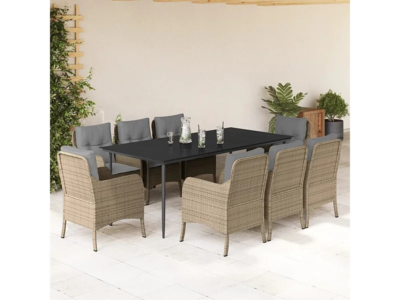 Ensemble à manger de jardin et coussins 9 pièces beige Poly rotin