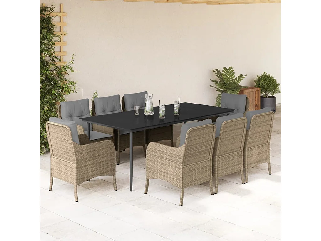 Ensemble à manger de jardin et coussins 9 pièces beige Poly rotin