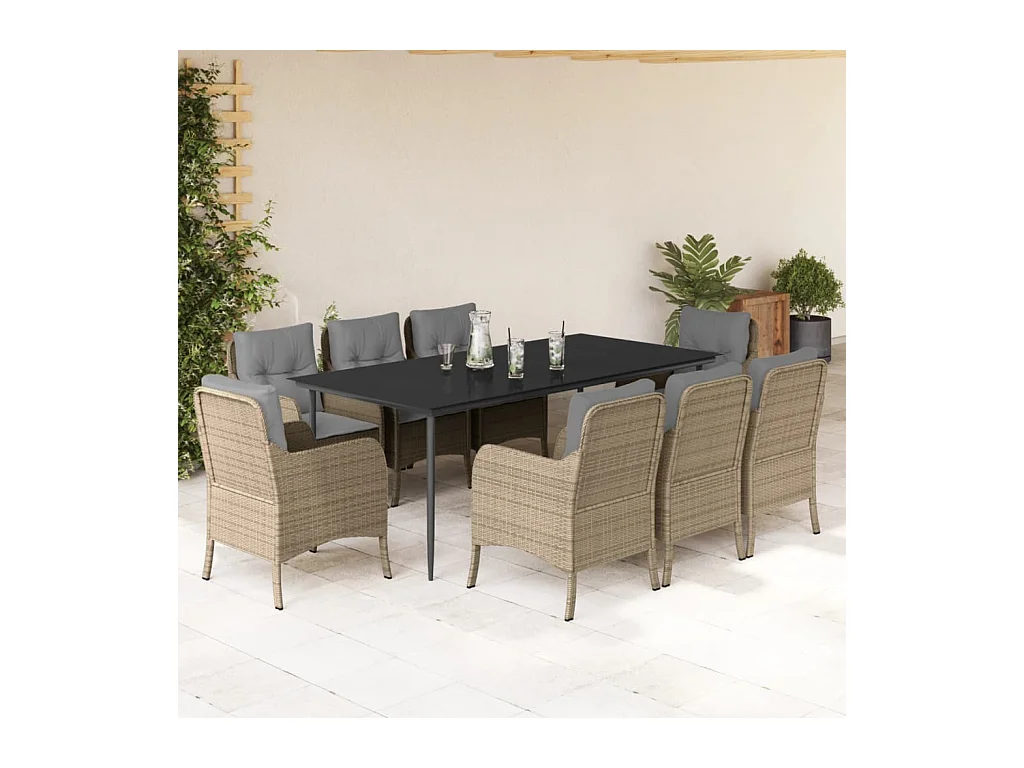 Ensemble à manger de jardin et coussins 9 pièces beige Poly rotin