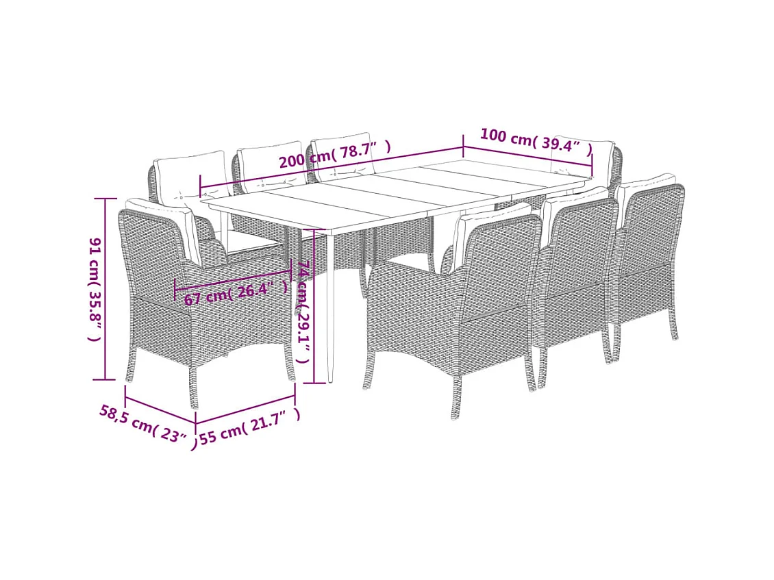 Ensemble à manger de jardin et coussins 9 pièces beige Poly rotin