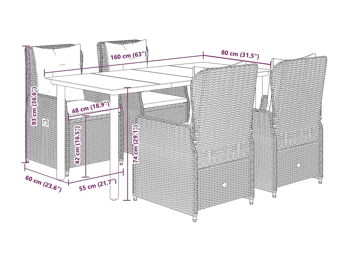 Set de muebles jardín 5 piezas con cojines ratán sintético negro