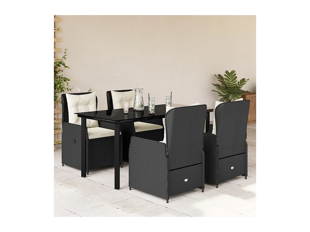Ensemble à manger de jardin coussins 5 pièces Noir Résine tressée