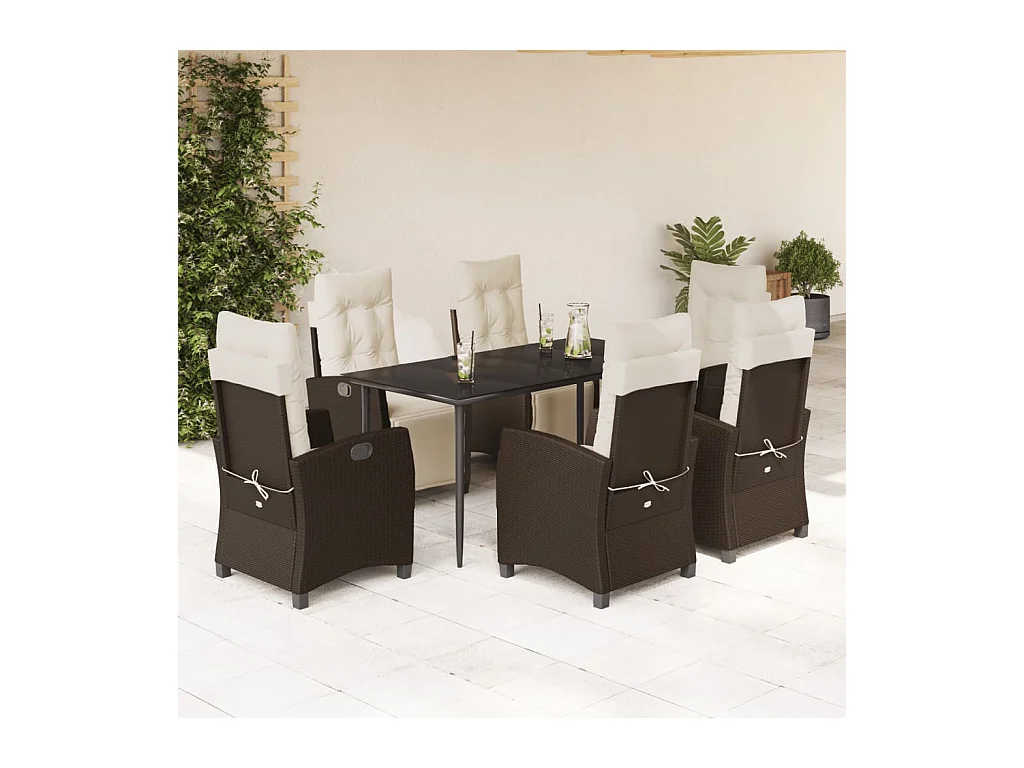 Ensemble à manger de jardin et coussins 7 pièces marron rotin