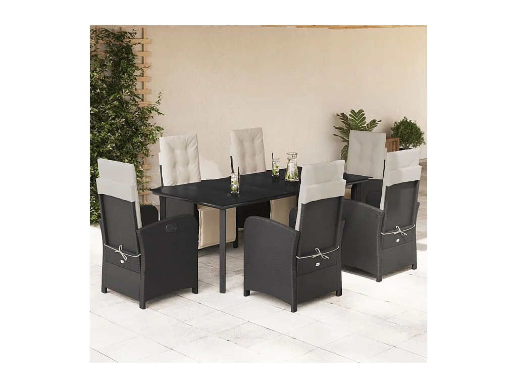 Ensemble à manger de jardin coussins 7 pièces Noir Résine tressée