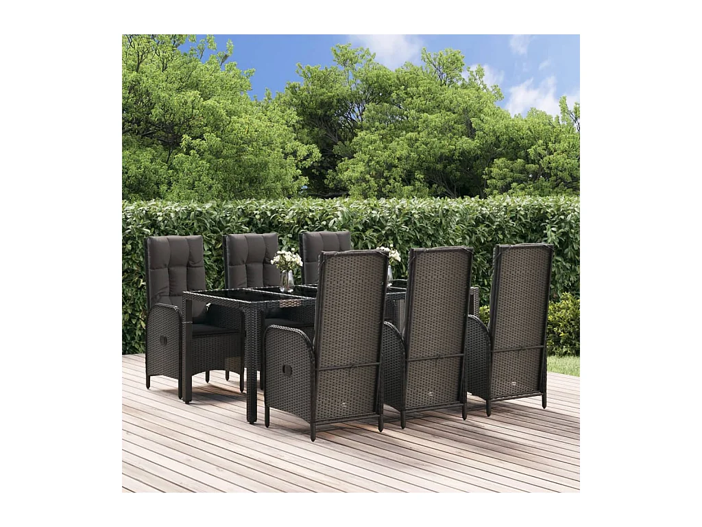 Mobilier à dîner de jardin et coussins 7 pièces Noir et gris Rotin