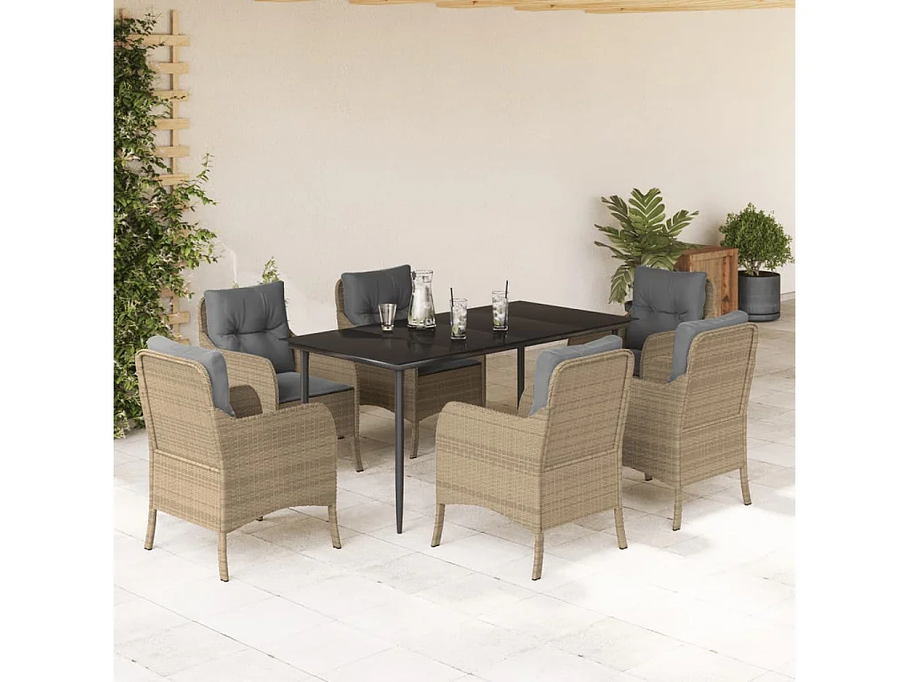 7-delige Tuinset met kussens poly rattan beige