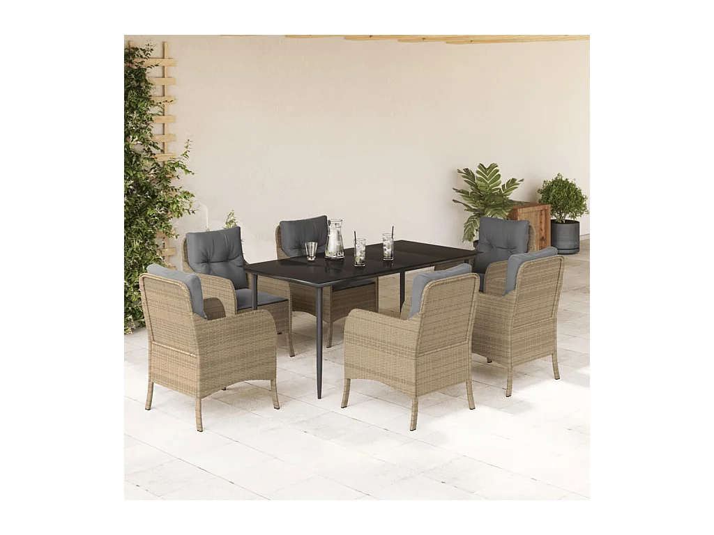 Ensemble à manger de jardin et coussins 7 pièces beige poly rotin