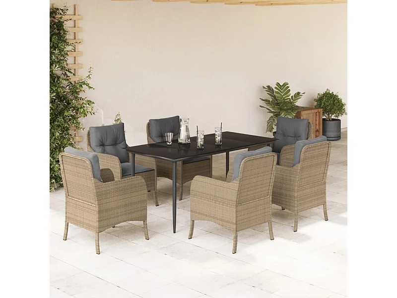 Set comedor de jardín 7 piezas con cojines ratán sintético beige