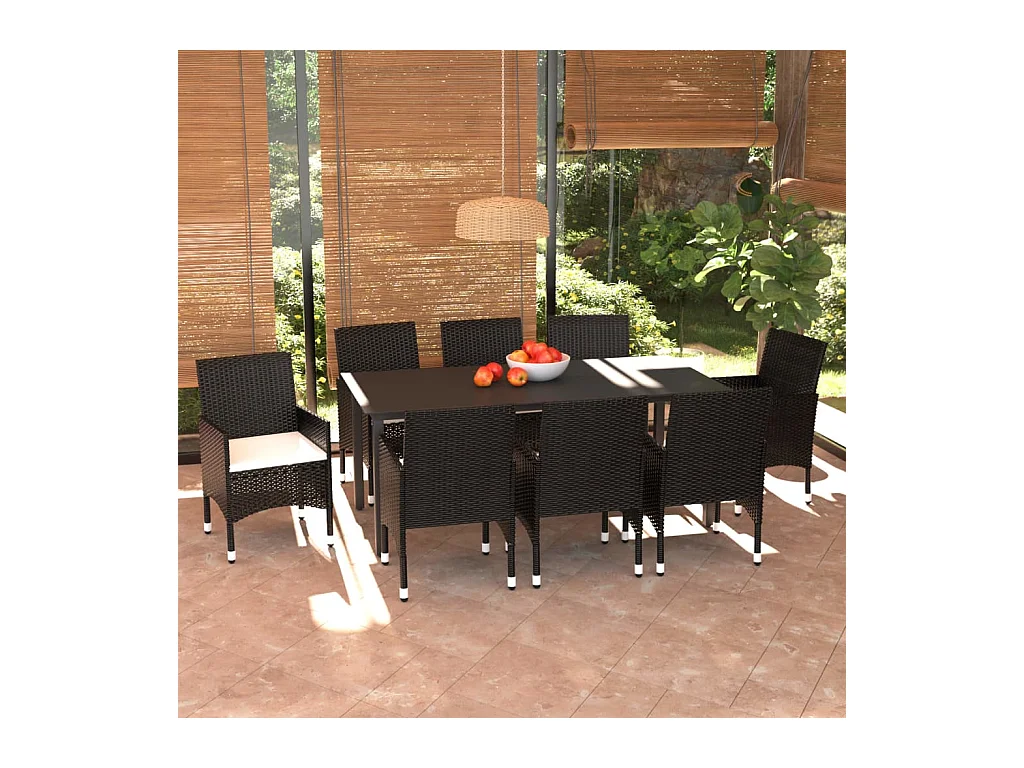 Mobilier à dîner de jardin et coussins 9 pièces Résine tressée Noir