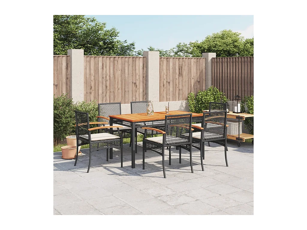 Ensemble à manger de jardin coussins 7 pièces Noir Résine tressée