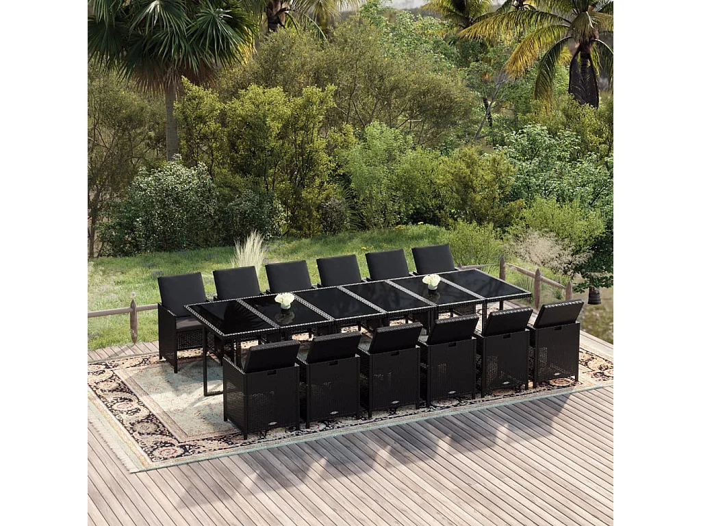 Set comedor de jardín 13 piezas con cojines ratán sintético negro