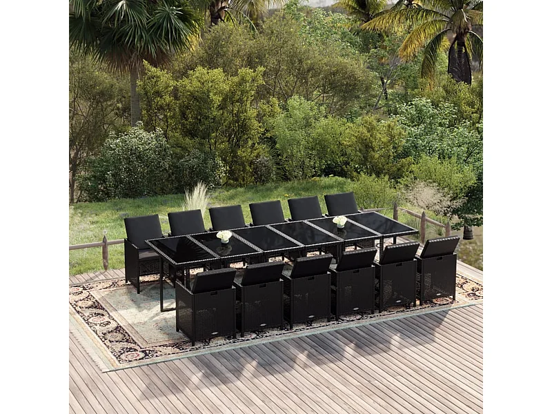 Set comedor de jardín 13 piezas con cojines ratán sintético negro