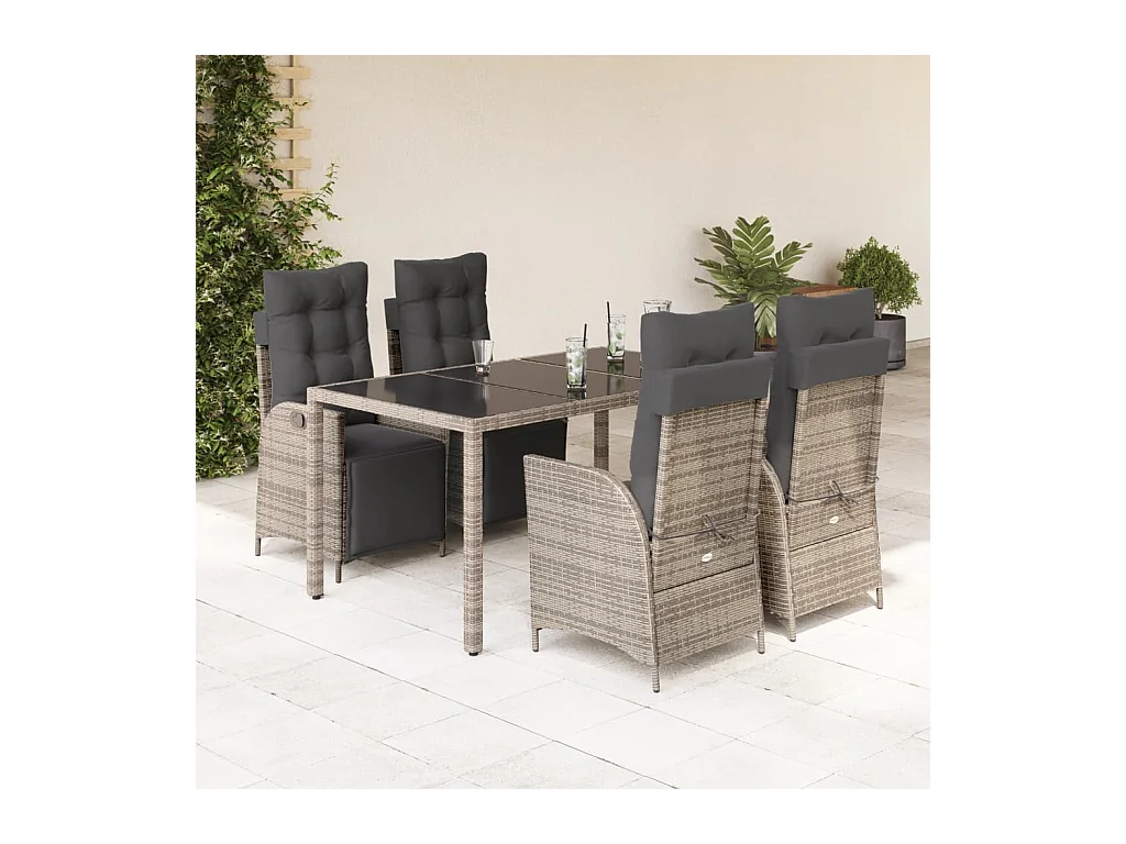 Ensemble à manger de jardin 5 pièces coussins gris résine tressée