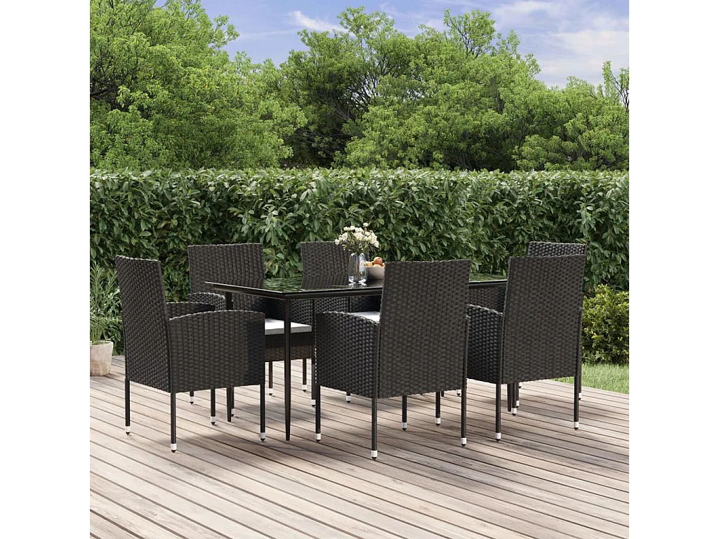 7 peças conjunto de jantar p/ jardim c/ almofadões vime PE preto