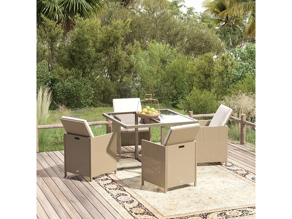 Meubles à dîner de jardin et coussins 5 pièces Poly rotin Beige