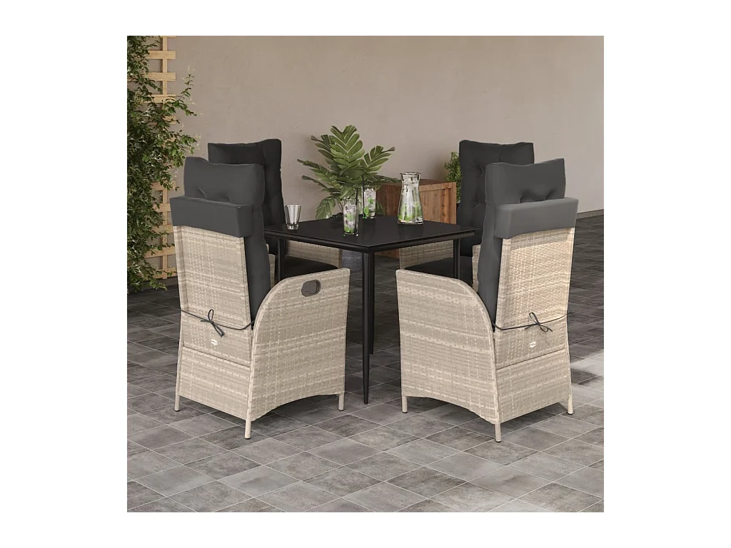 Ensemble à manger de jardin et coussins 5 pièces gris clair rotin