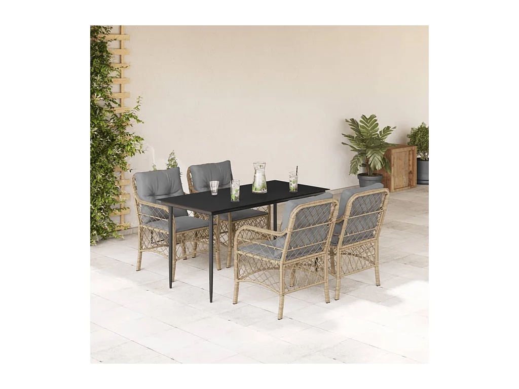 Ensemble à manger de jardin coussins 5 pièces mélange beige rotin
