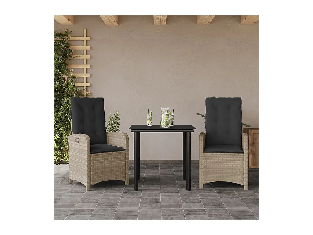 Ensemble à manger de jardin 3 pièces coussins gris clair poly rotin