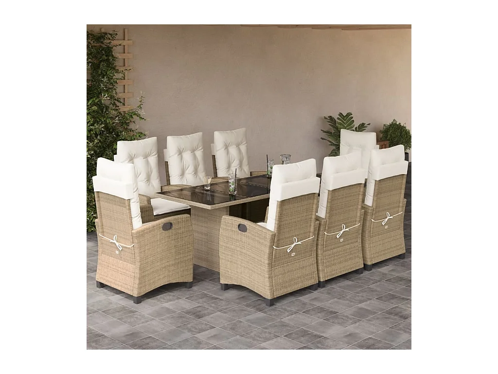 Ensemble à manger de jardin et coussins 9 pièces beige Poly rotin