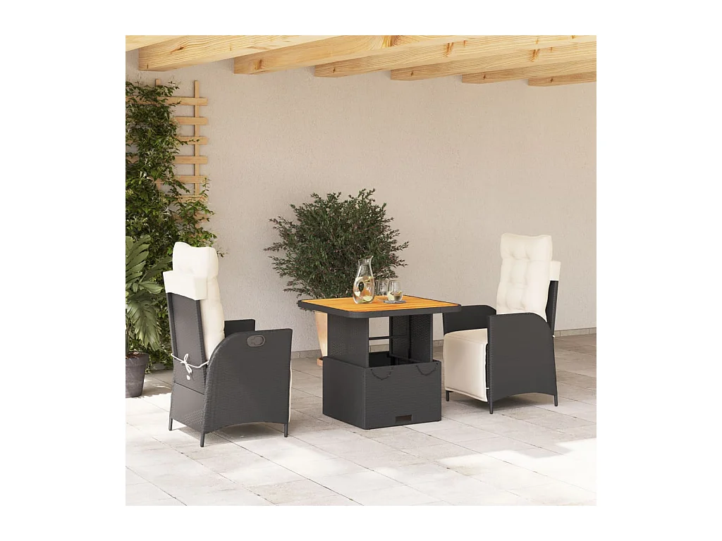 Ensemble à manger de jardin avec coussins 3 pièces Noir