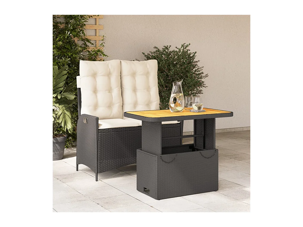 Set comedor de jardín 2 piezas con cojines ratán sintético negro