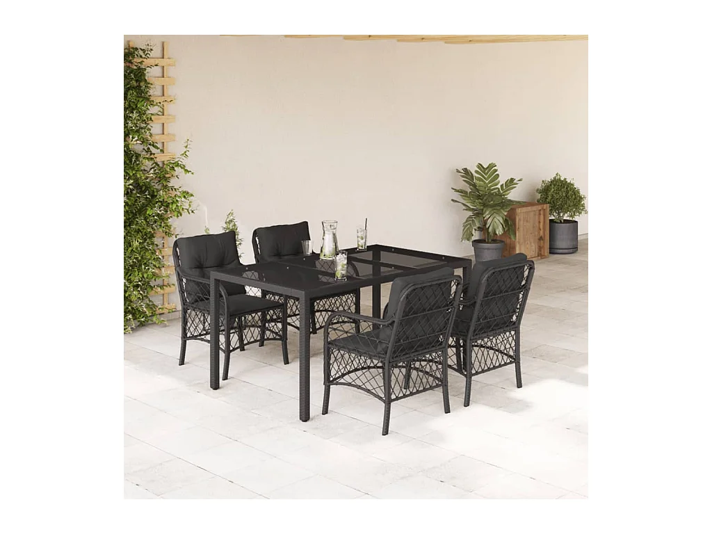Ensemble à manger de jardin coussins 5 pièces Noir Résine tressée