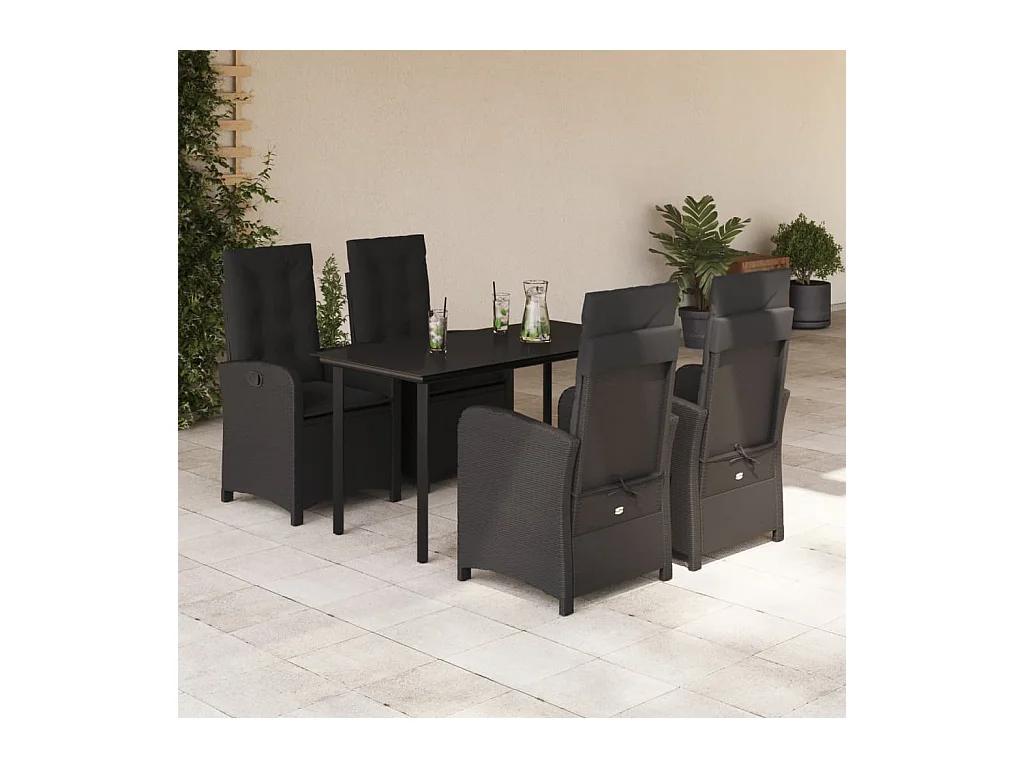 Ensemble à manger de jardin coussins 5 pièces Noir Résine tressée
