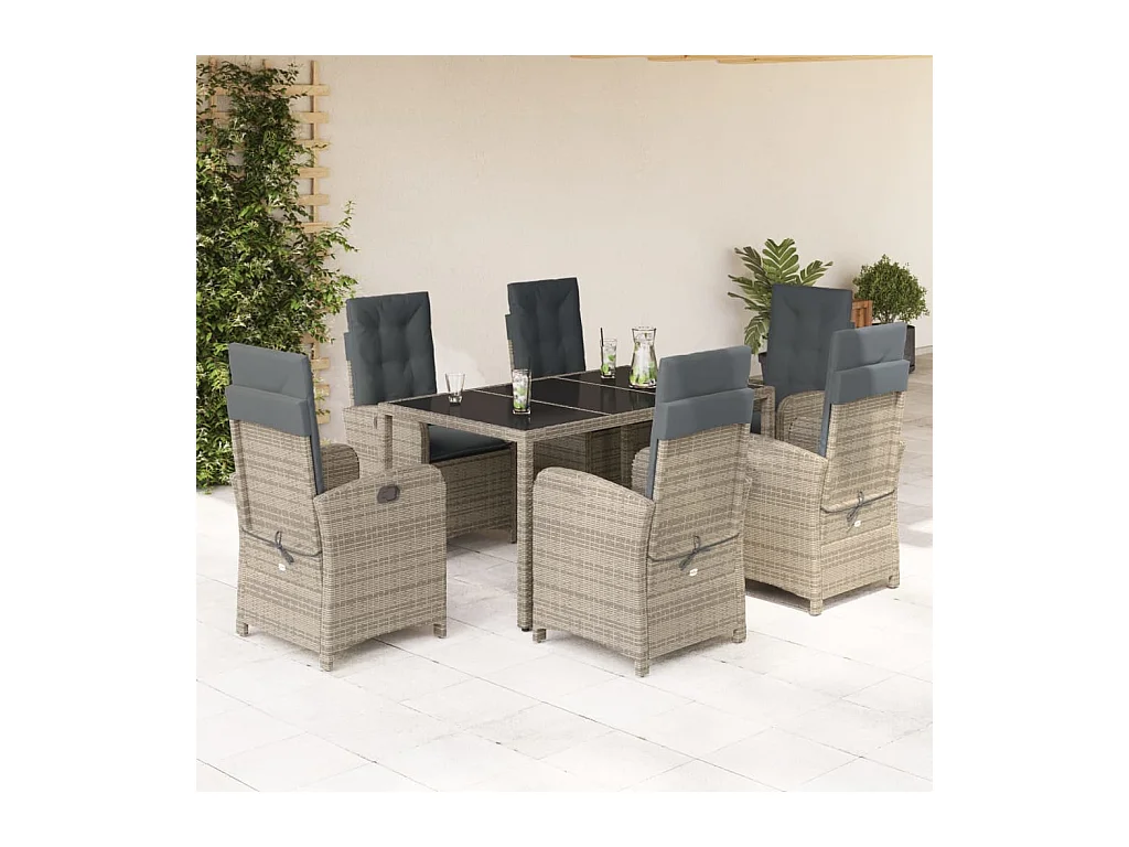 Ensemble à manger de jardin et coussins 7 pièces gris rotin