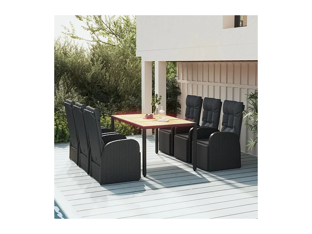 Ensemble à dîner de jardin 7 pièces Noir Poly rotin et acacia