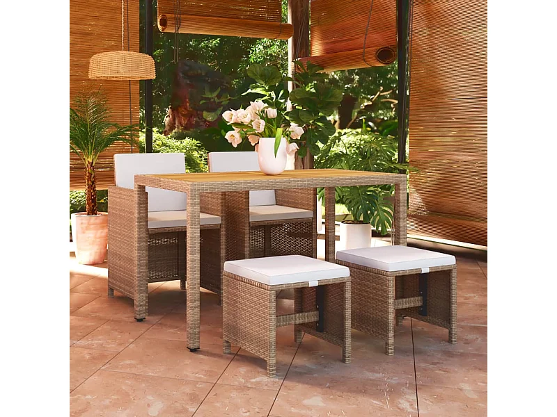 Set comedor de jardín 5 piezas con cojines ratán sintético beige