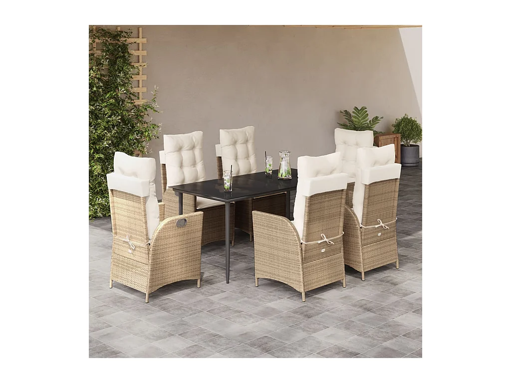 7 peças conjunto de jantar p/ jardim com almofadões vime PE bege