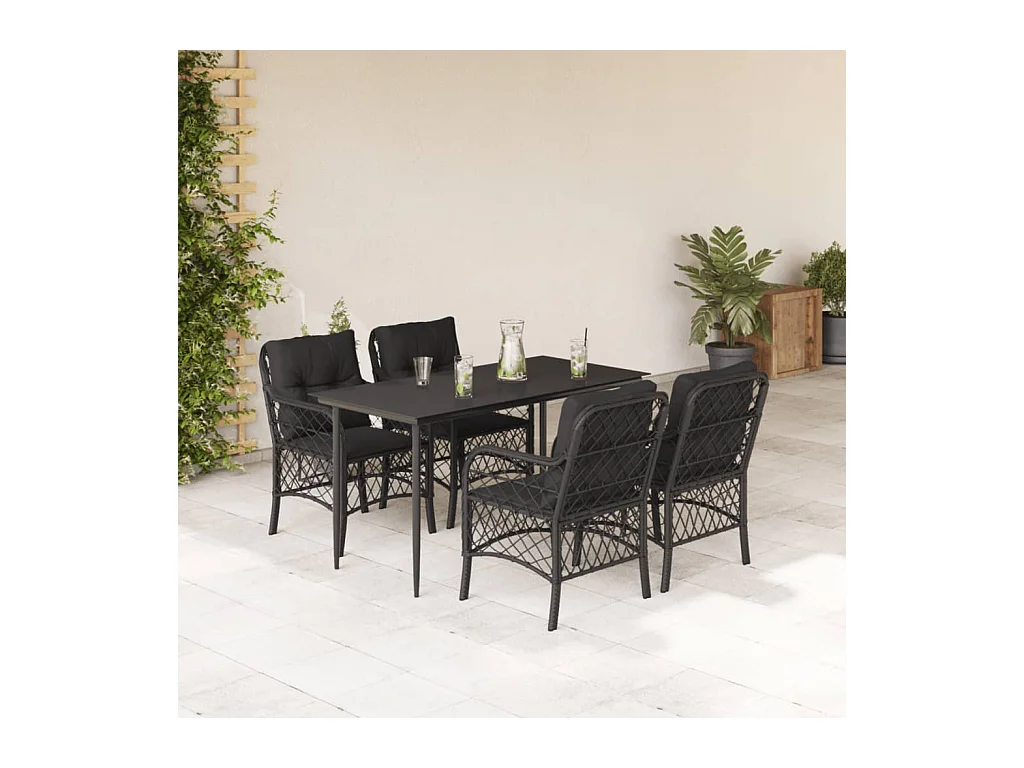 Ensemble à manger de jardin coussins 5 pièces Noir Résine tressée