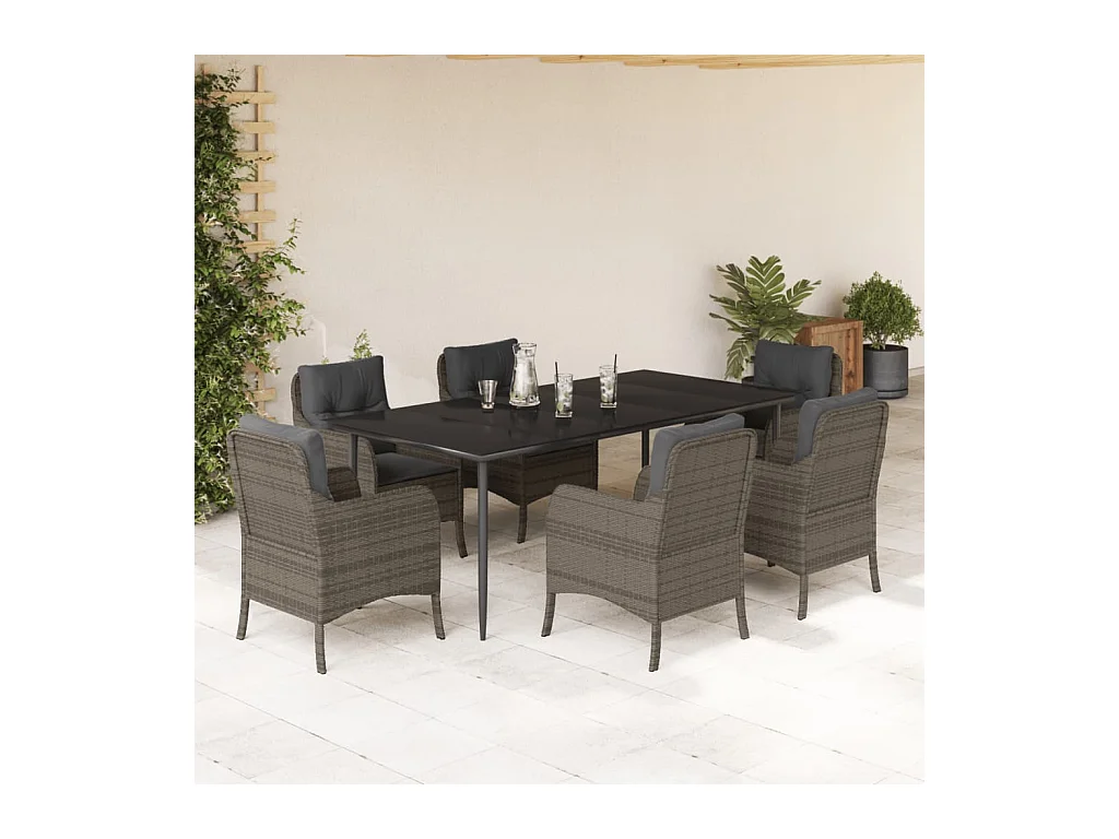 Ensemble à manger de jardin et coussins 7 pièces gris rotin