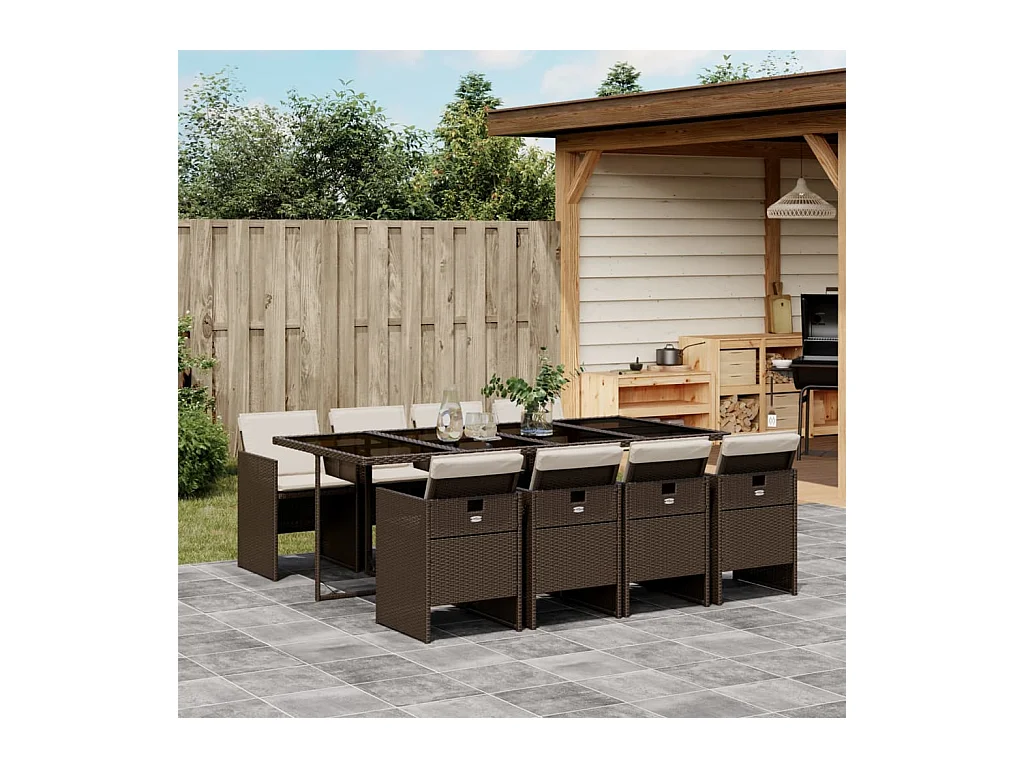 Ensemble à manger de jardin et coussins 9 pièces marron poly rotin