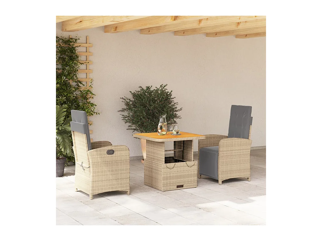Ensemble à manger de jardin et coussins 3 pièces Beige poly rotin