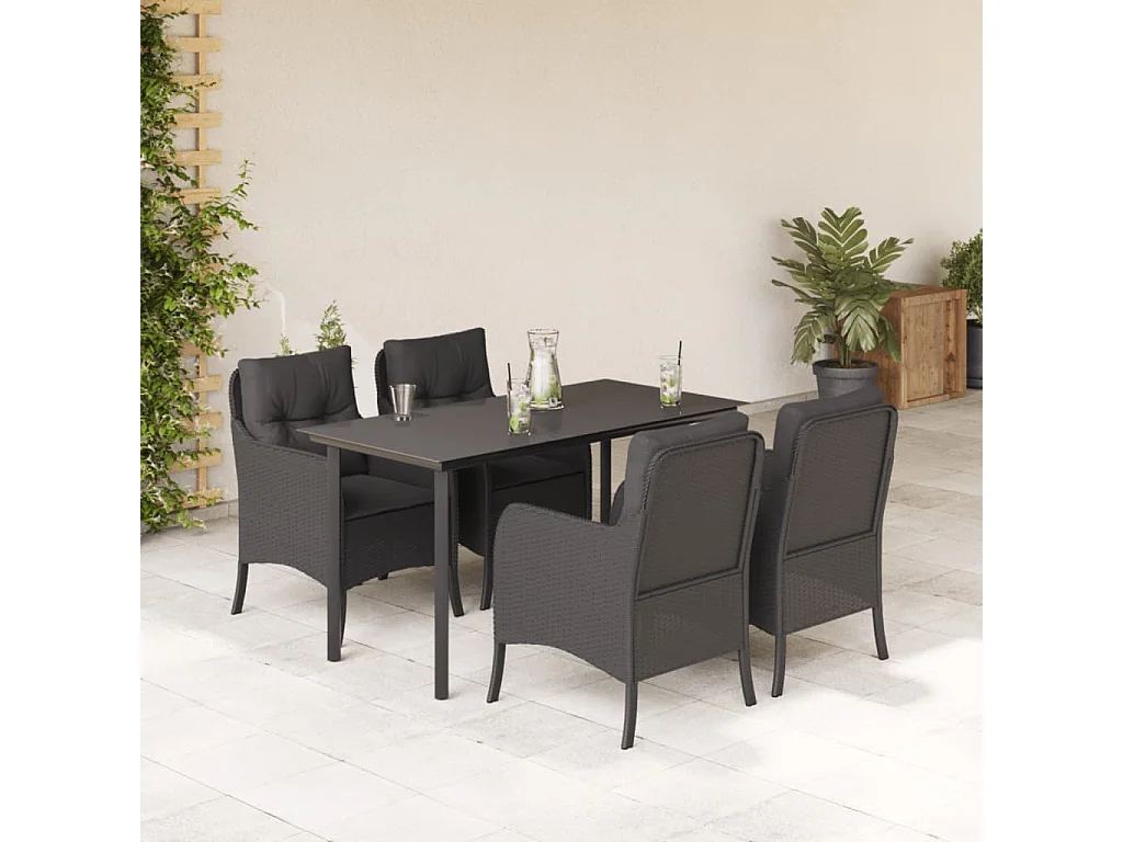 5-delige Tuinset met kussens poly rattan zwart
