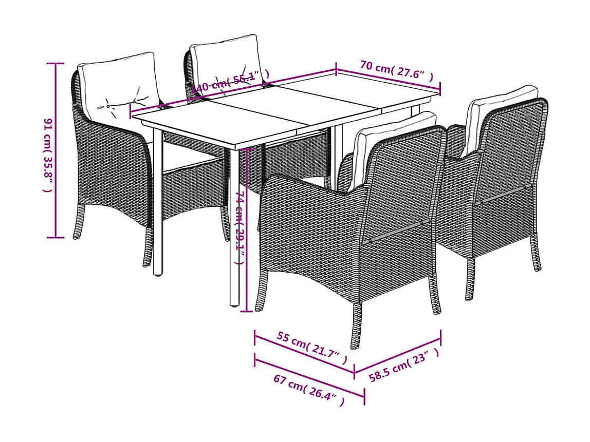 5-delige Tuinset met kussens poly rattan zwart