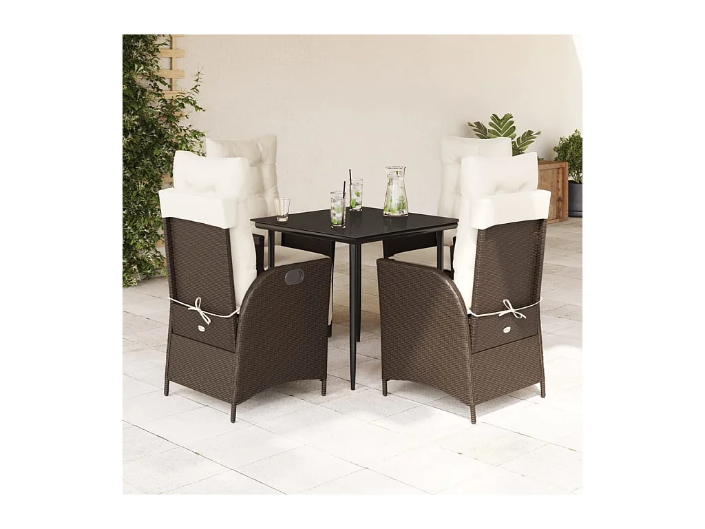Ensemble à manger de jardin 5 pièces et coussins marron poly rotin